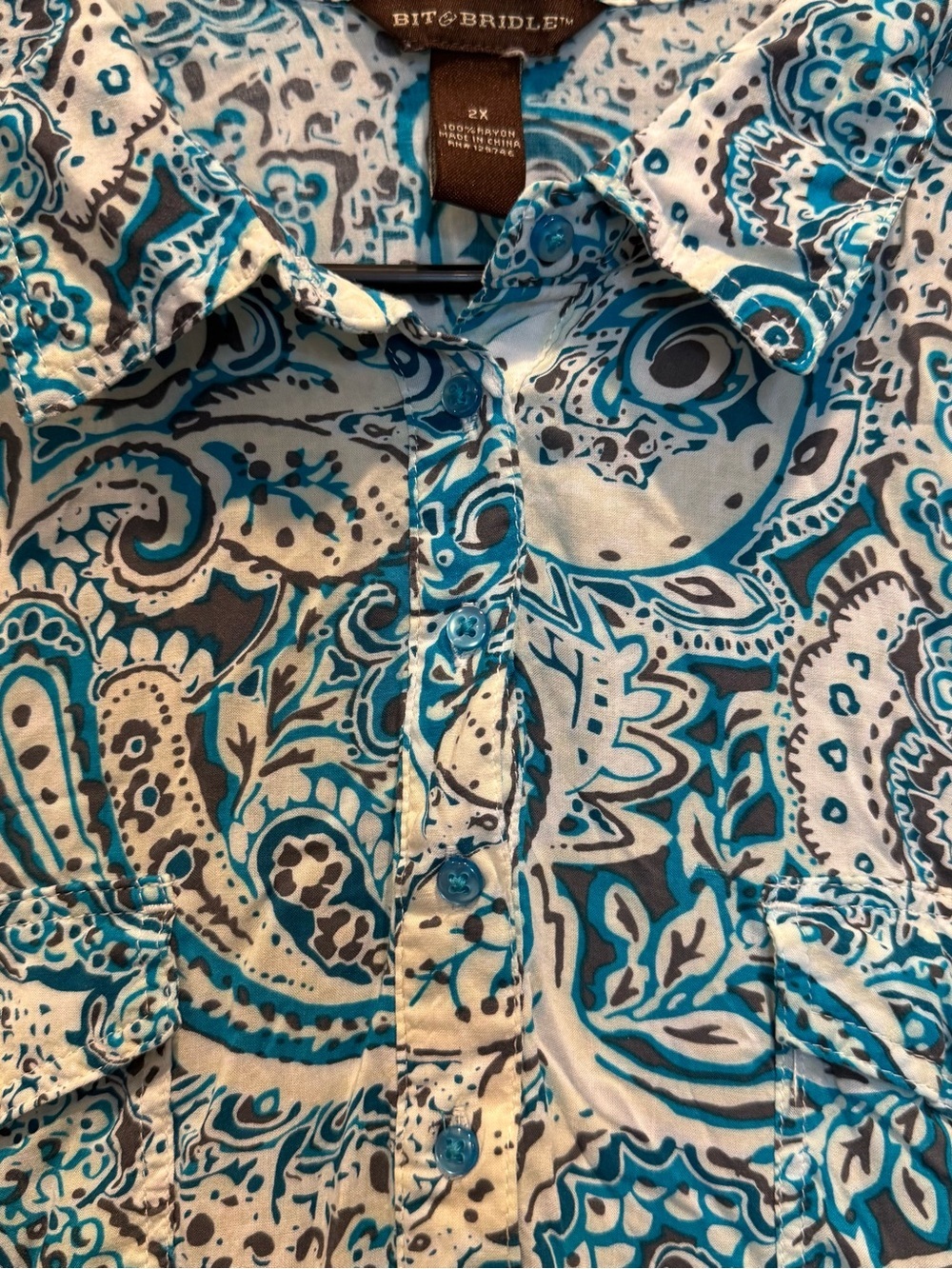 SOLD!!! White and Teal Paisley Shirt Dress - Picture 3 of 7
